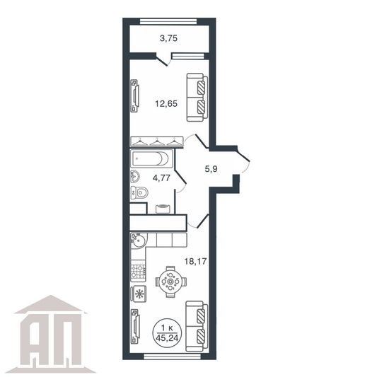 Продажа 2-комнатной квартиры 45,2 м², 12/16 этаж