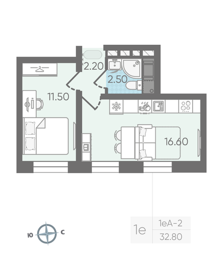 Продажа 1-комнатной квартиры 32,8 м², 6/16 этаж