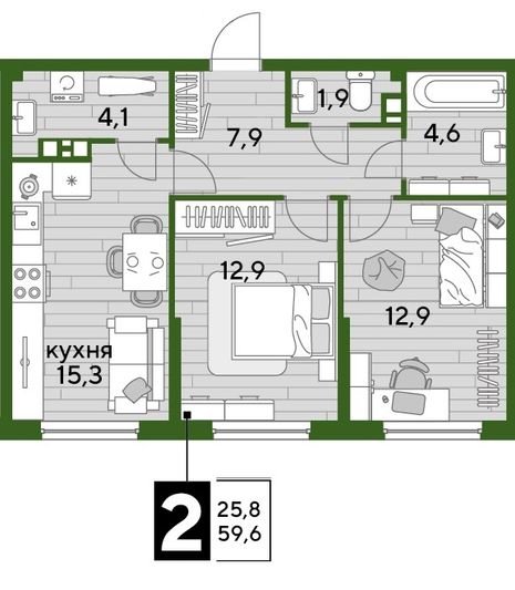 Продажа 2-комнатной квартиры 59,6 м², 3/16 этаж