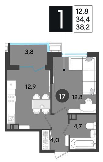 Продажа 1-комнатной квартиры 38,2 м², 3/18 этаж