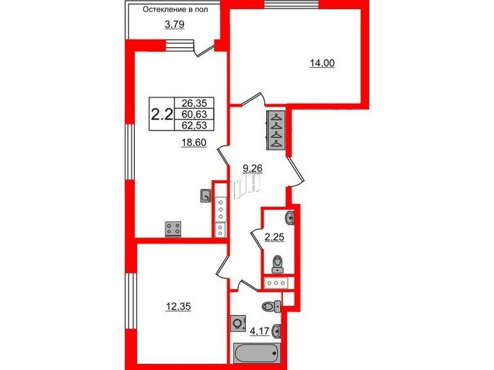 Продажа 2-комнатной квартиры 60,6 м², 10/10 этаж