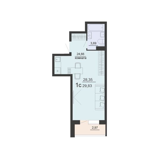 Продажа 1-комнатной квартиры 29,8 м², 2/20 этаж