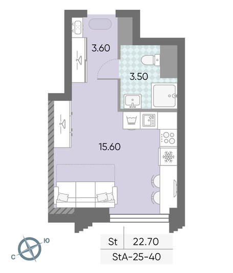 Продажа квартиры-студии 22,7 м², 40/58 этаж