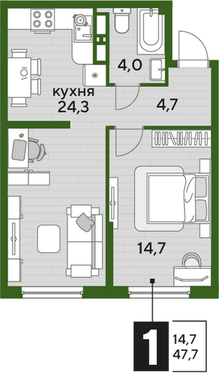 Продажа 1-комнатной квартиры 47,7 м², 10/19 этаж