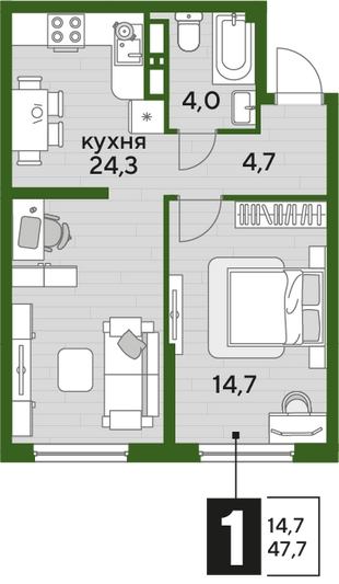 Продажа 1-комнатной квартиры 47,7 м², 14/16 этаж