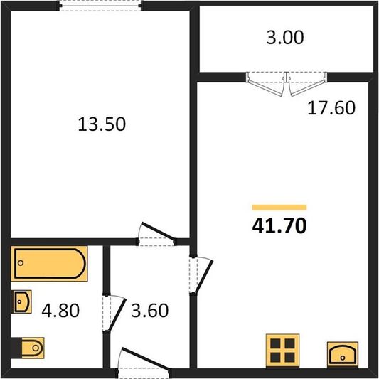 Продажа 1-комнатной квартиры 41,7 м², 4/4 этаж