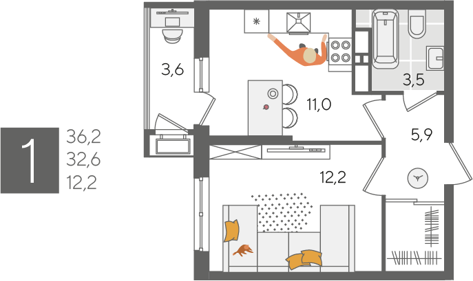 Продажа 1-комнатной квартиры 36,2 м², 20/24 этаж