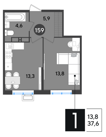 Продажа 1-комнатной квартиры 37,6 м², 17/18 этаж