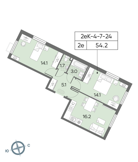 Продажа 2-комнатной квартиры 54,2 м², 13/24 этаж