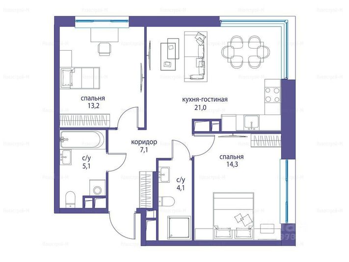 Продажа 2-комнатной квартиры 64,8 м², 21/22 этаж