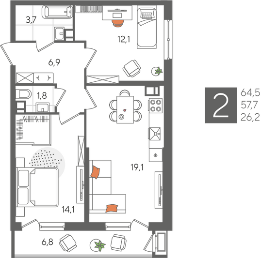 Продажа 2-комнатной квартиры 64,5 м², 3/24 этаж