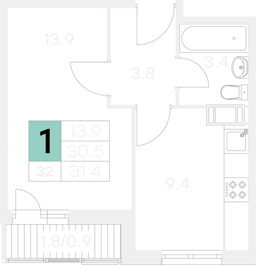 Продажа 1-комнатной квартиры 31,4 м², 6/9 этаж