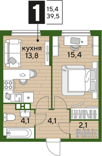 Продажа 1-комнатной квартиры 39,5 м², 3/16 этаж