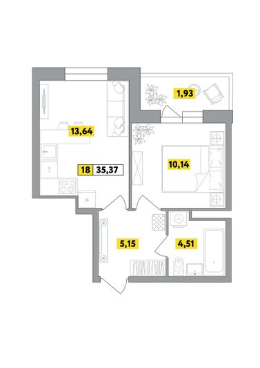 Продажа 2-комнатной квартиры 35,4 м², 2 этаж