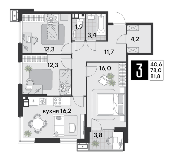 Продажа 3-комнатной квартиры 81,8 м², 5/9 этаж