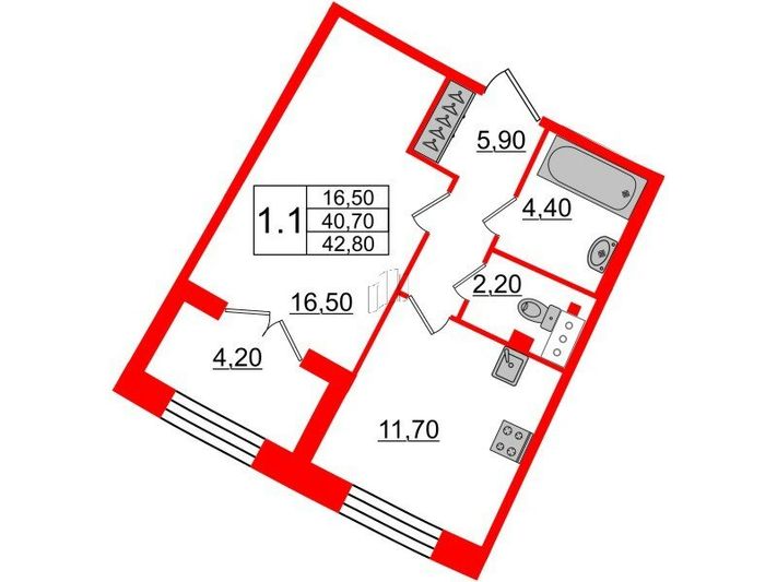 Продажа 1-комнатной квартиры 40,7 м², 3/8 этаж
