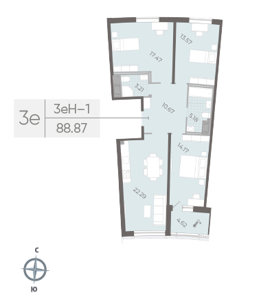 Продажа 3-комнатной квартиры 88,9 м², 7/14 этаж