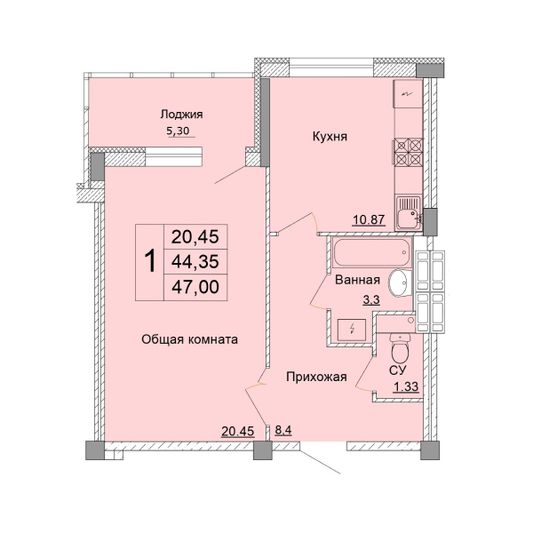 Продажа 1-комнатной квартиры 47 м², 2 этаж