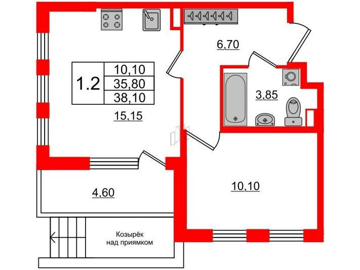 Продажа 1-комнатной квартиры 35,8 м², 1/4 этаж