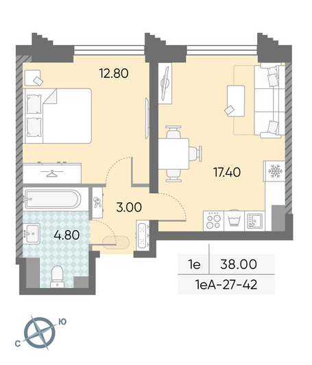 Продажа 1-комнатной квартиры 38 м², 42/58 этаж