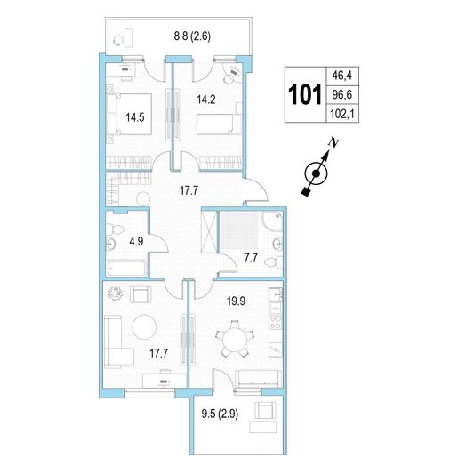 Продажа 3-комнатной квартиры 102,1 м², 2/4 этаж
