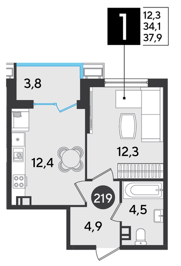 Продажа 1-комнатной квартиры 37,9 м², 9/9 этаж