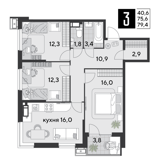Продажа 3-комнатной квартиры 79,4 м², 12/18 этаж