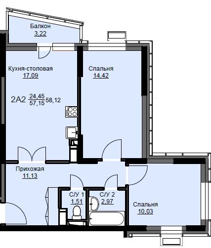 Продажа 2-комнатной квартиры 58,1 м², 7/17 этаж