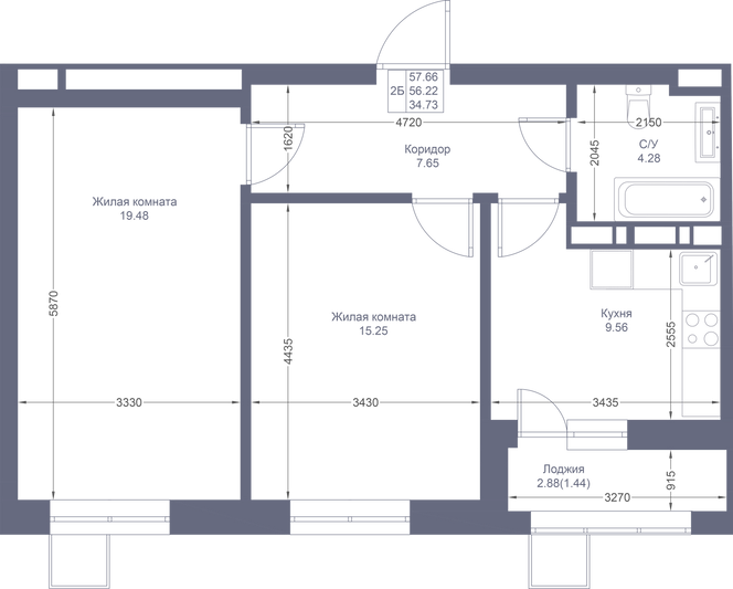 Продажа 2-комнатной квартиры 57,7 м², 15/17 этаж