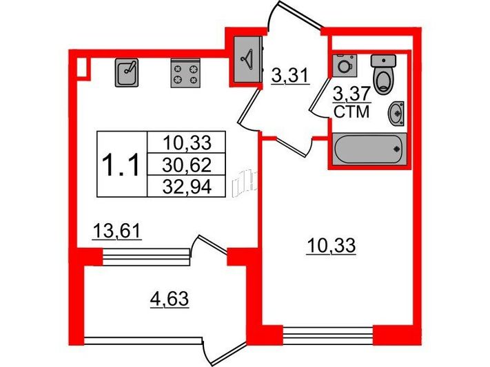 Продажа 1-комнатной квартиры 30,6 м², 1/4 этаж