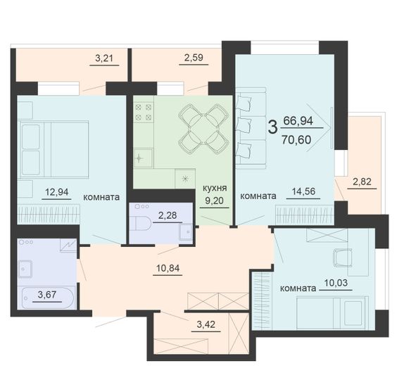 Продажа 3-комнатной квартиры 70,6 м², 16/20 этаж