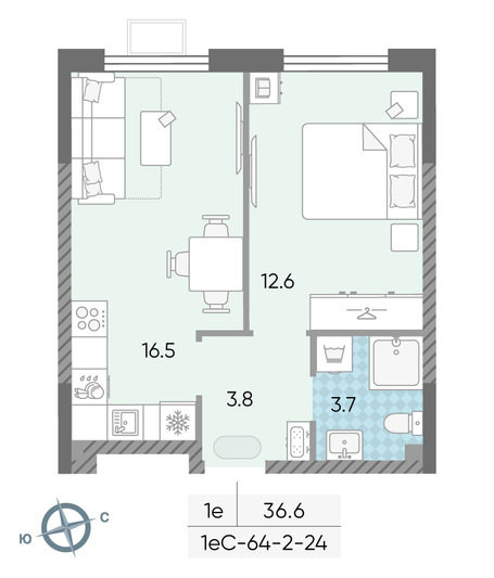 Продажа 1-комнатной квартиры 36,6 м², 6/24 этаж