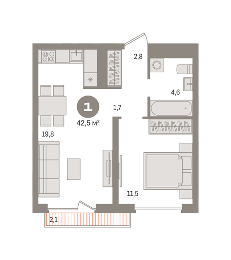 Продажа 1-комнатной квартиры 42,5 м², 5/7 этаж