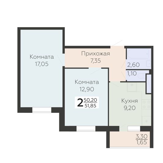 Продажа 2-комнатной квартиры 51,8 м², 5/18 этаж