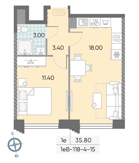 Продажа 1-комнатной квартиры 35,8 м², 9/58 этаж