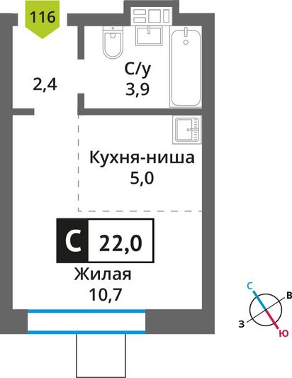 Продажа квартиры-студии 22 м², 6/9 этаж