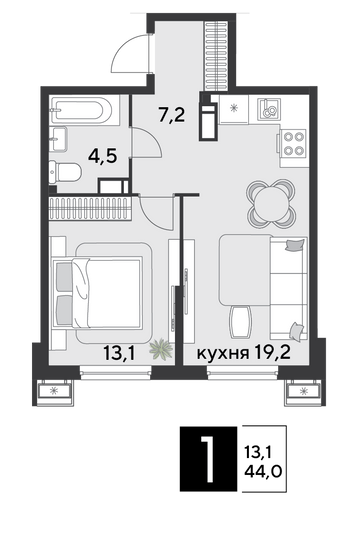 Продажа 1-комнатной квартиры 44 м², 14/18 этаж