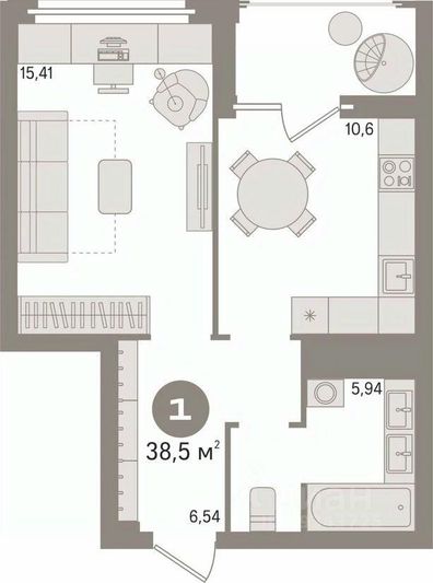 Продажа 1-комнатной квартиры 38,5 м², 25/26 этаж