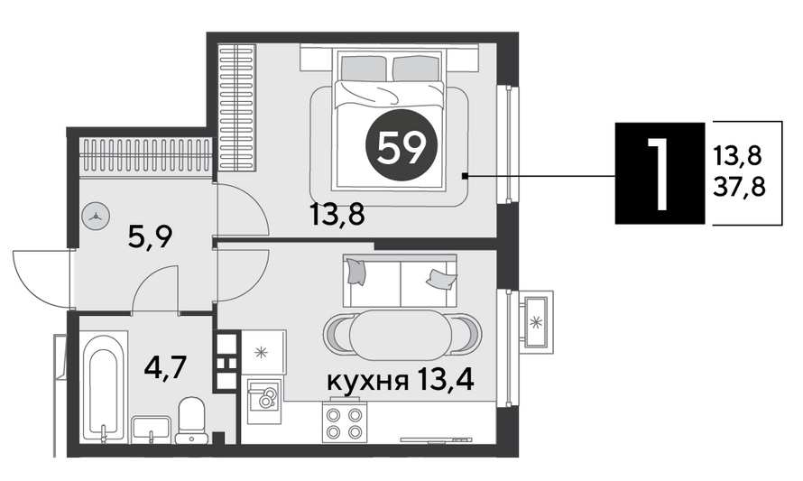 Продажа 1-комнатной квартиры 37,8 м², 7/18 этаж