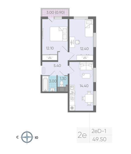 Продажа 2-комнатной квартиры 49,5 м², 6/16 этаж