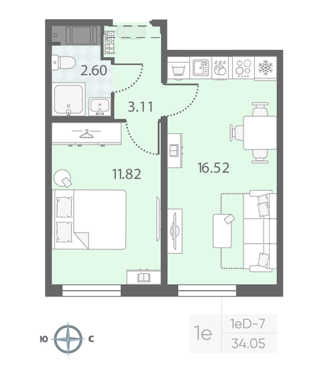 Продажа 1-комнатной квартиры 34 м², 3/23 этаж