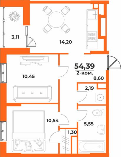 Продажа 2-комнатной квартиры 54,4 м², 4/10 этаж