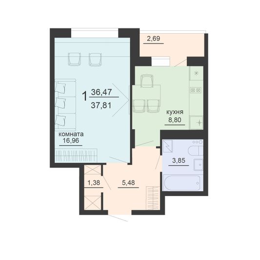 Продажа 1-комнатной квартиры 37,8 м², 6/20 этаж