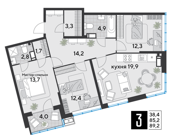 Продажа 3-комнатной квартиры 89,2 м², 17/18 этаж