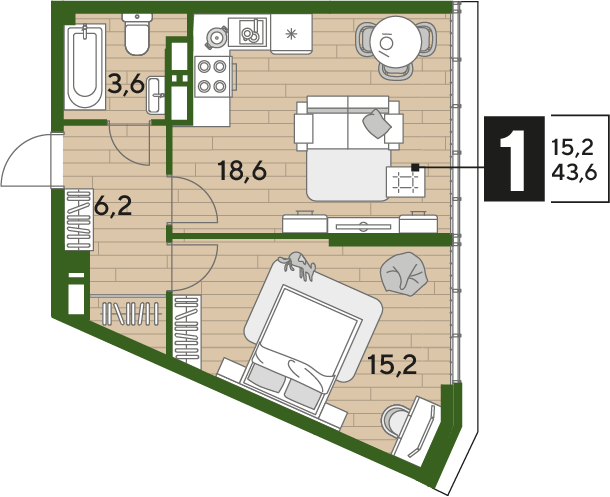 Продажа 1-комнатной квартиры 43,6 м², 19/19 этаж