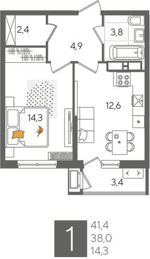 Продажа 1-комнатной квартиры 41,4 м², 12/24 этаж