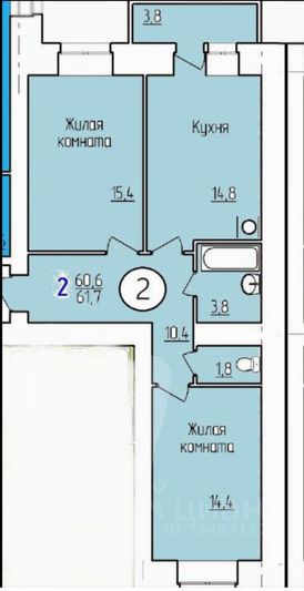 Продажа 2-комнатной квартиры 61,7 м², 1/14 этаж