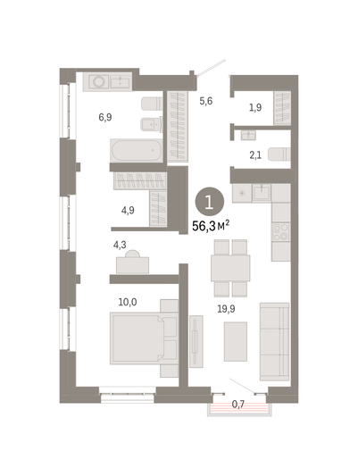 Продажа 1-комнатной квартиры 56,3 м², 28/31 этаж