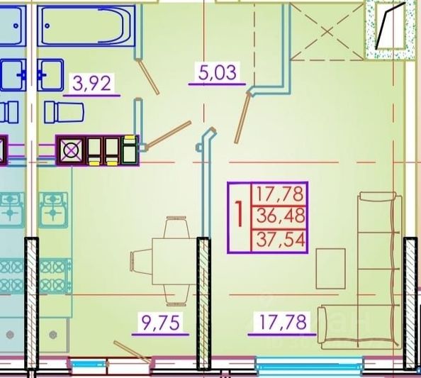 Продажа 1-комнатной квартиры 37,5 м², 4/8 этаж