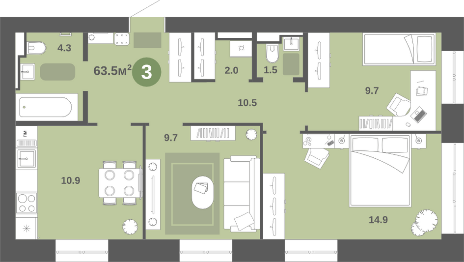 Продажа 3-комнатной квартиры 63,5 м², 6/9 этаж